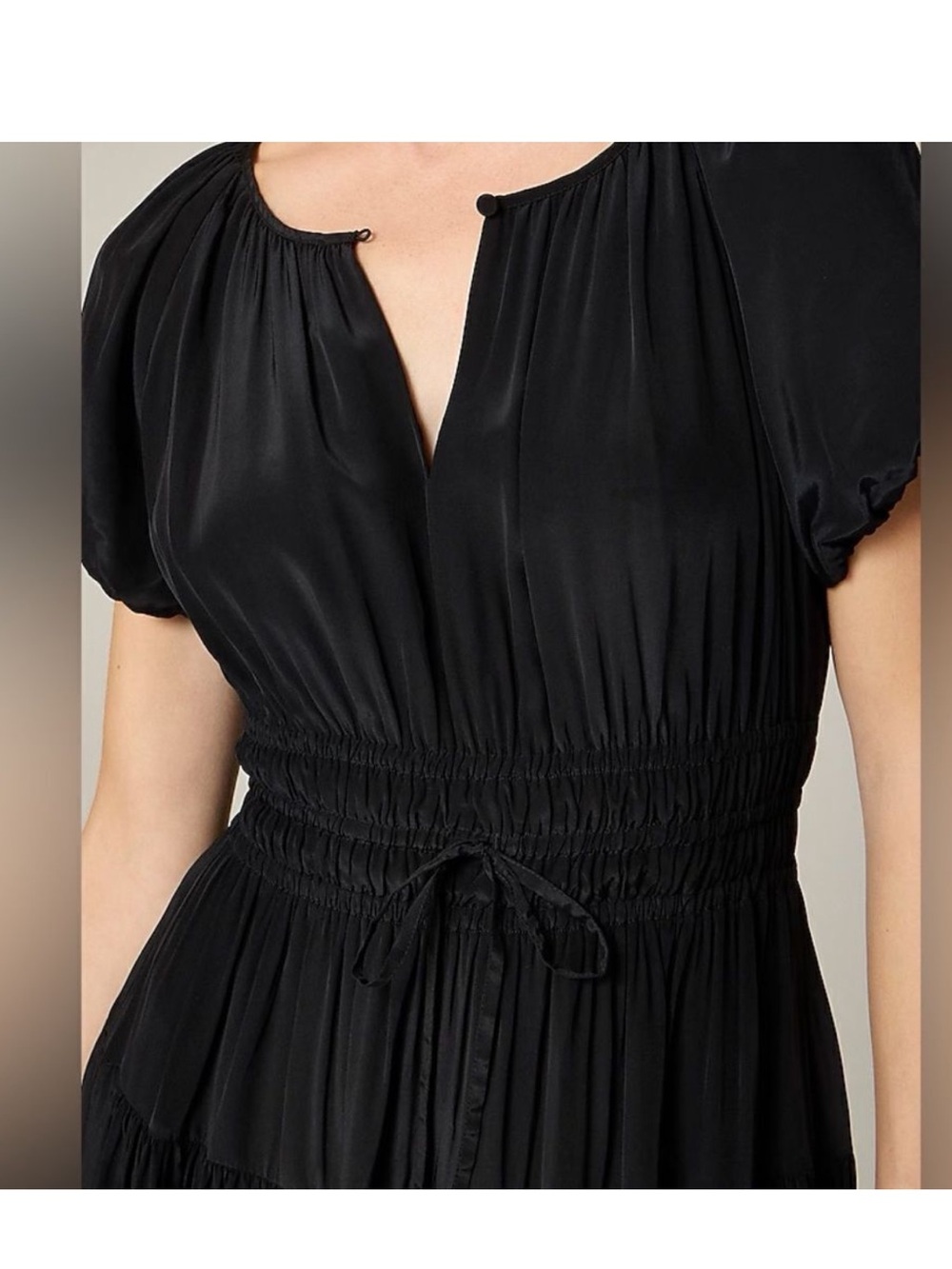 NWT J. Crew Black Smocked-Waist Midi Dress with Puff Sleeves